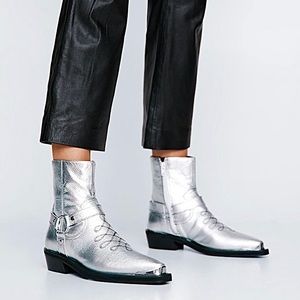 Nasty Gal Real Leather Metallic Western Boots w/ Moto Harness New Silver
